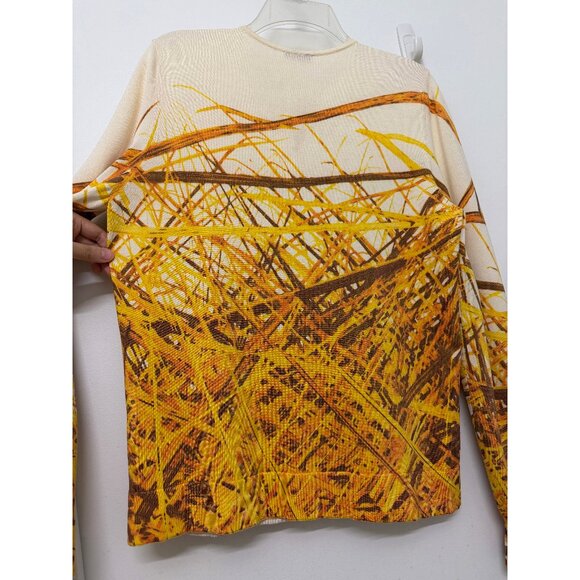 Akris Grass Print Silk Cardigan Sweater Yellow Straw Hay Stripe Button Down 10 - Picture 11 of 16